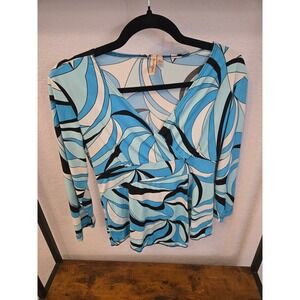 Susan Lawrence Petite Blue Black White Swirl V Neck Wrap Long Sleeve Top PL